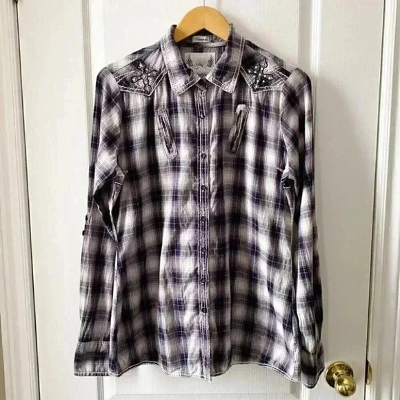 ROAR Western Button Front Shirt Joeley Purple Plaid Rhinestone Size XL - Picture 3 of 16